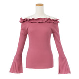 オフショルリブフレア袖ニットトップス