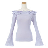 オフショルリブフレア袖ニットトップス