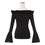 オフショルリブフレア袖ニットトップス