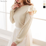 【メール便】袖開きレースハートネックパフスリーブトップス