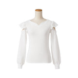 【メール便】袖開きレースハートネックパフスリーブトップス