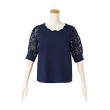 スカラップ襟オーガンジー5分袖ブラウス