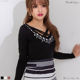 【メール便】フロントクロスキラキラビジュー付き長袖カットソー