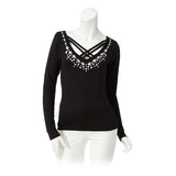 【メール便】フロントクロスキラキラビジュー付き長袖カットソー