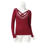 【メール便】フロントクロスキラキラビジュー付き長袖カットソー