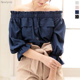 【メール便】フロントボタン両ポケット5分丈オフショルブラウス
