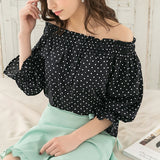 【メール便】フロントボタン両ポケット5分丈オフショルブラウス