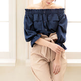 【メール便】フロントボタン両ポケット5分丈オフショルブラウス