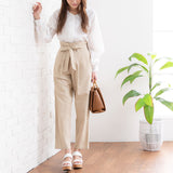 リネンライクリボンベルトワイドテーパードパンツ