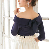 【メール便】バックリボンボートネック7分袖リブトップス