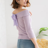 【メール便】バックリボンボートネック7分袖リブトップス