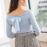 【メール便】バックリボンボートネック7分袖リブトップス