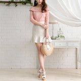 【メール便】バックリボンボートネック7分袖リブトップス