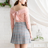 【メール便】バックリボンボートネック7分袖リブトップス