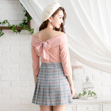 【メール便】バックリボンボートネック7分袖リブトップス