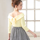 【メール便】バックリボンボートネック7分袖リブトップス