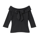 【メール便】バックリボンボートネック7分袖リブトップス