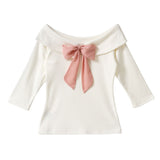 【メール便】バックリボンボートネック7分袖リブトップス