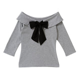 【メール便】バックリボンボートネック7分袖リブトップス