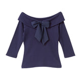 【メール便】バックリボンボートネック7分袖リブトップス