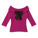 【メール便】バックリボンボートネック7分袖リブトップス