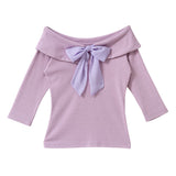 【メール便】バックリボンボートネック7分袖リブトップス