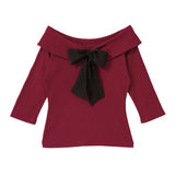 【メール便】バックリボンボートネック7分袖リブトップス