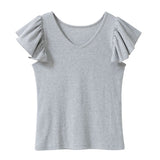 【メール便】ラッフルフリルスリーブリブトップス