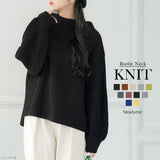 ボトルネックバルーンスリーブ畦ニットトップス