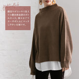 ボトルネックバルーンスリーブ畦ニットトップス