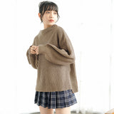 ボトルネックバルーンスリーブ畦ニットトップス