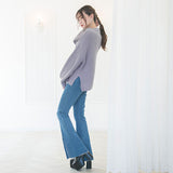 ボトルネックバルーンスリーブ畦ニットトップス