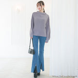 ボトルネックバルーンスリーブ畦ニットトップス