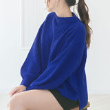 ボトルネックバルーンスリーブ畦ニットトップス