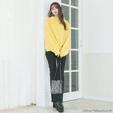 ボトルネックバルーンスリーブ畦ニットトップス