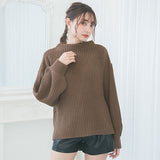 ボトルネックバルーンスリーブ畦ニットトップス