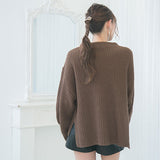 ボトルネックバルーンスリーブ畦ニットトップス