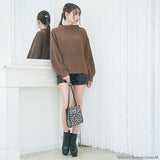 ボトルネックバルーンスリーブ畦ニットトップス