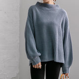 ボトルネックバルーンスリーブ畦ニットトップス