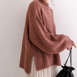 ボトルネックバルーンスリーブ畦ニットトップス