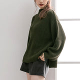 ボトルネックバルーンスリーブ畦ニットトップス