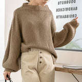 ボトルネックバルーンスリーブ畦ニットトップス