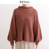 ボトルネックバルーンスリーブ畦ニットトップス