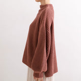 ボトルネックバルーンスリーブ畦ニットトップス