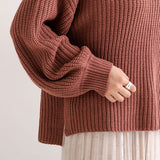 ボトルネックバルーンスリーブ畦ニットトップス