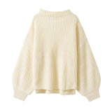 ボトルネックバルーンスリーブ畦ニットトップス