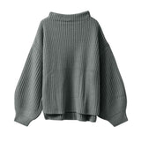 ボトルネックバルーンスリーブ畦ニットトップス