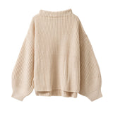 ボトルネックバルーンスリーブ畦ニットトップス