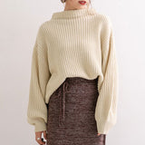 ボトルネックバルーンスリーブ畦ニットトップス