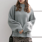 ボトルネックバルーンスリーブ畦ニットトップス